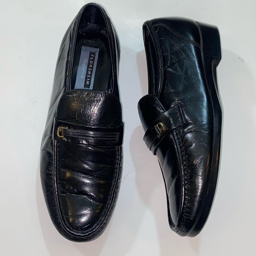Florsheim Comfortech Black Leather Slip-On Loafers Size 10